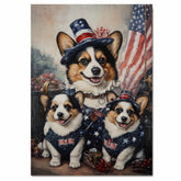 Mother Corgi and Her Two Puppies Dressed in American Flag Outfits with Patriotic Hats and a Rustic Flag Background on Ready to Hang 1.5" Thick Canvas Wrap, Floating Framed Canvas, Flat Rolled Canvas